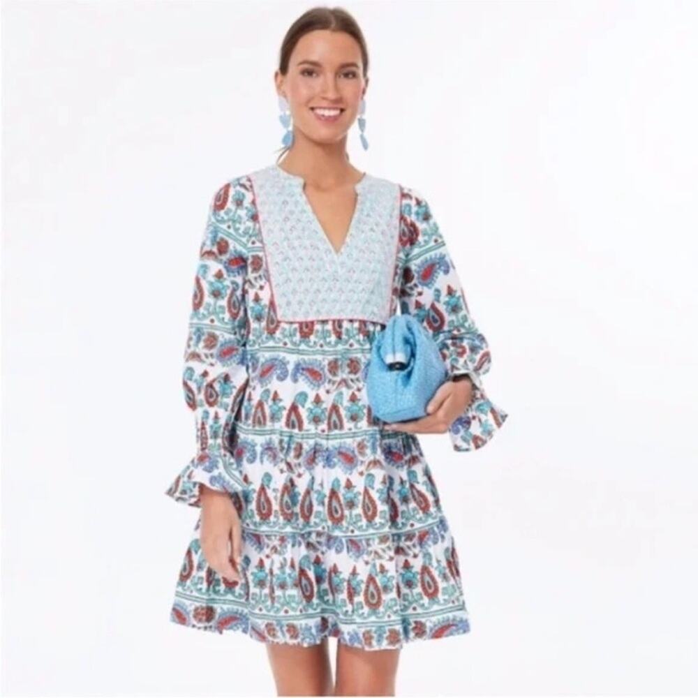 Tuckernuck Teal and Seagrass Floral Block Print Kenzie Tiered Mini Dress XS - Picture 2 of 12